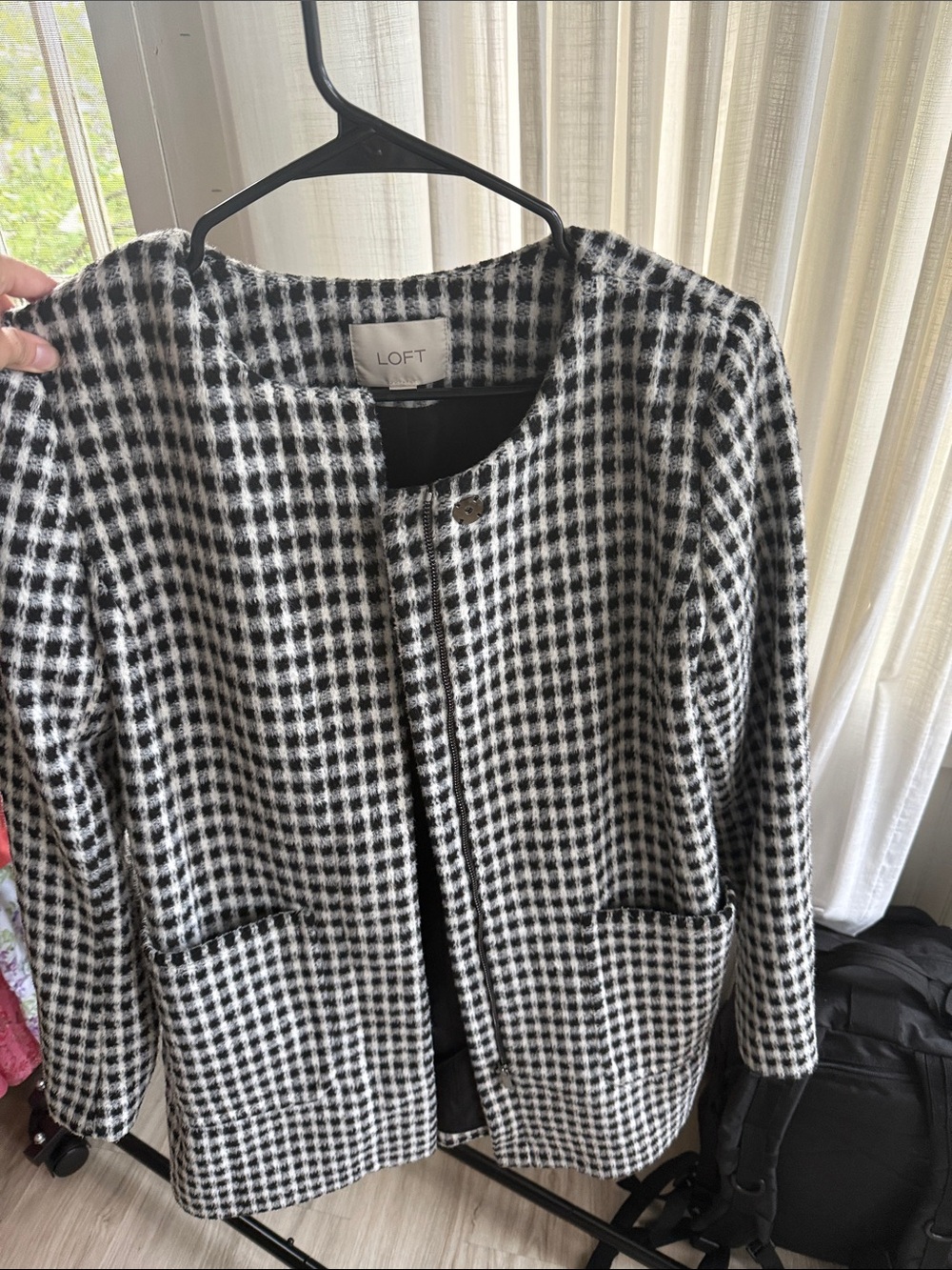 LOFT Black and White Houndstooth Collarless Blazer